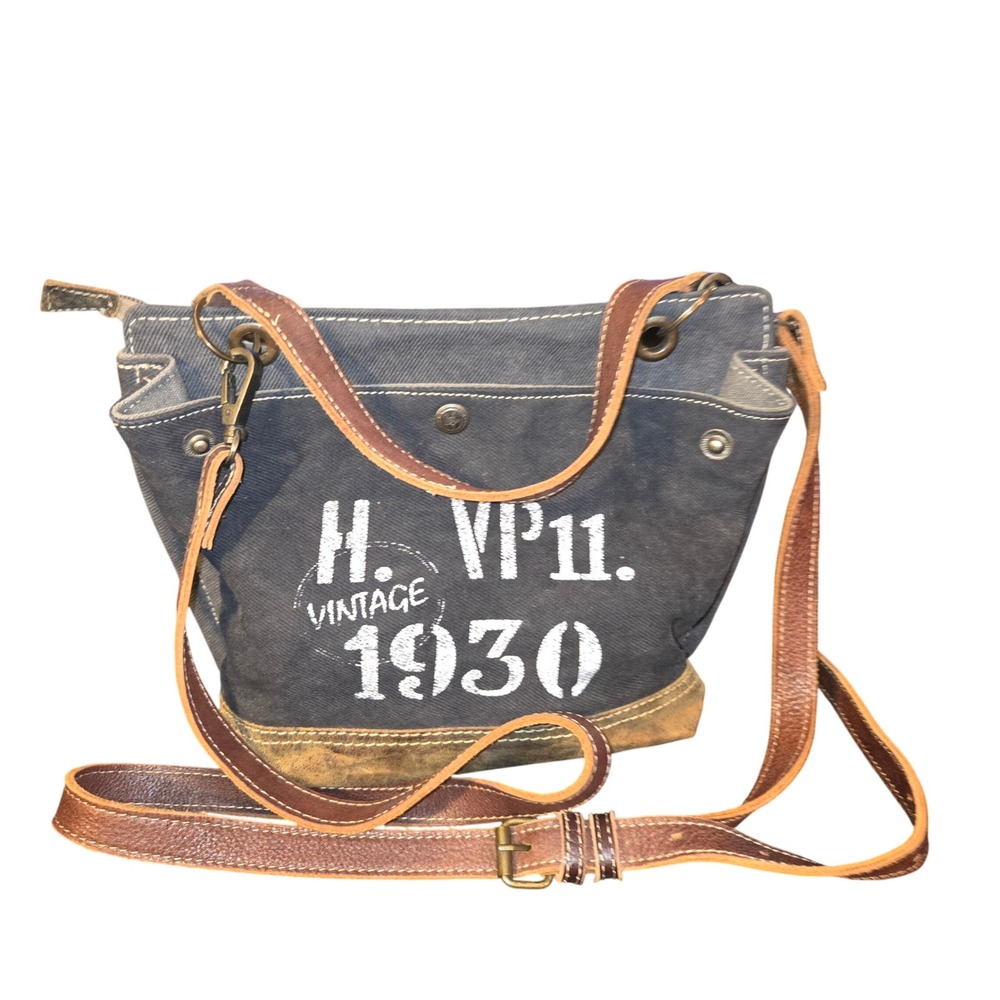 Myra Bag Hippy‎ Trend Mini Tote Womens Small Gray Brown Upcycled Leather S2159